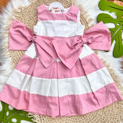 Vestido Tricoline Rosa e Off White com Laços